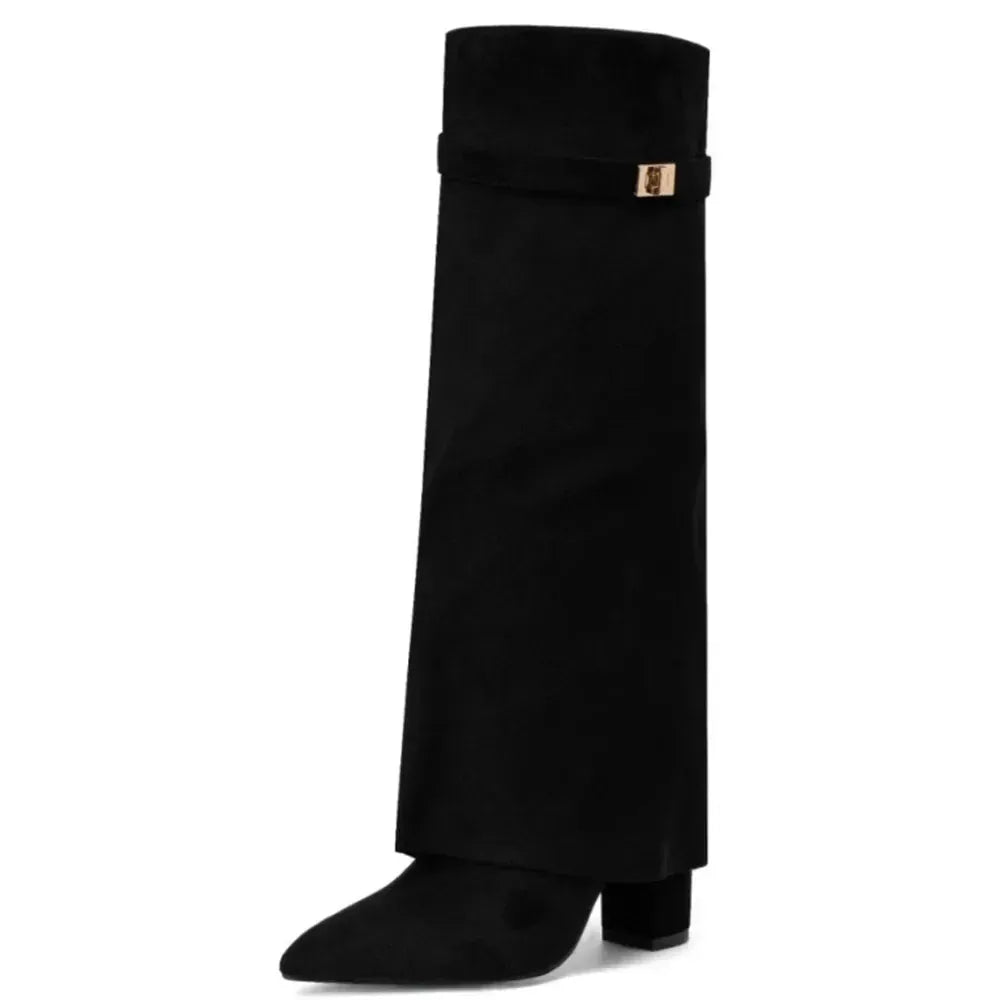 Amara Shoes Metal Buckle Mid Leg Knee High Boot Thick Heel (À Faire photos)