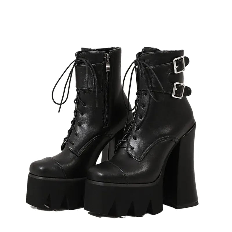 Amara Shoes Round Toe Platform Ankle Boot Square Heel Cross Zip (À Faire photos)