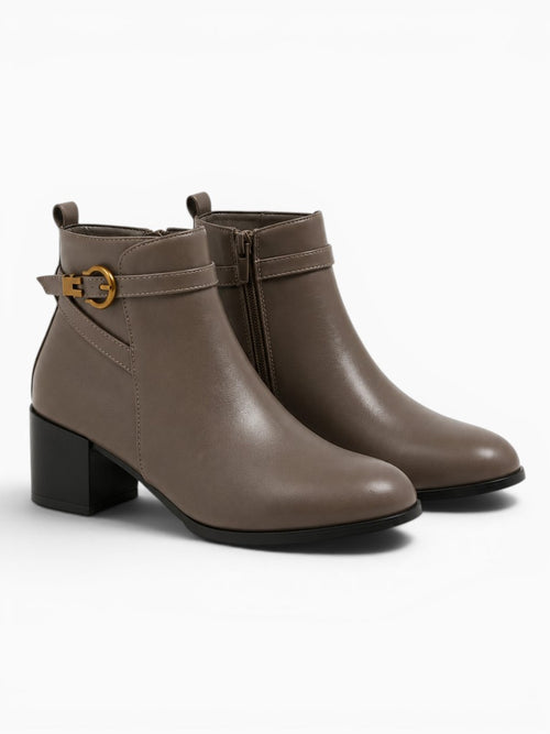 Amara Shoes Ankle Boot Belt Buckle Round Toe Thick High Heel