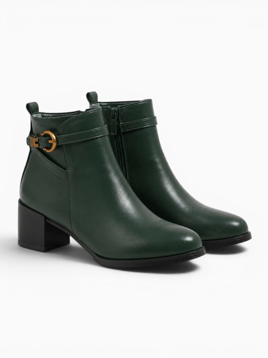 Amara Shoes Ankle Boot Belt Buckle Round Toe Thick High Heel