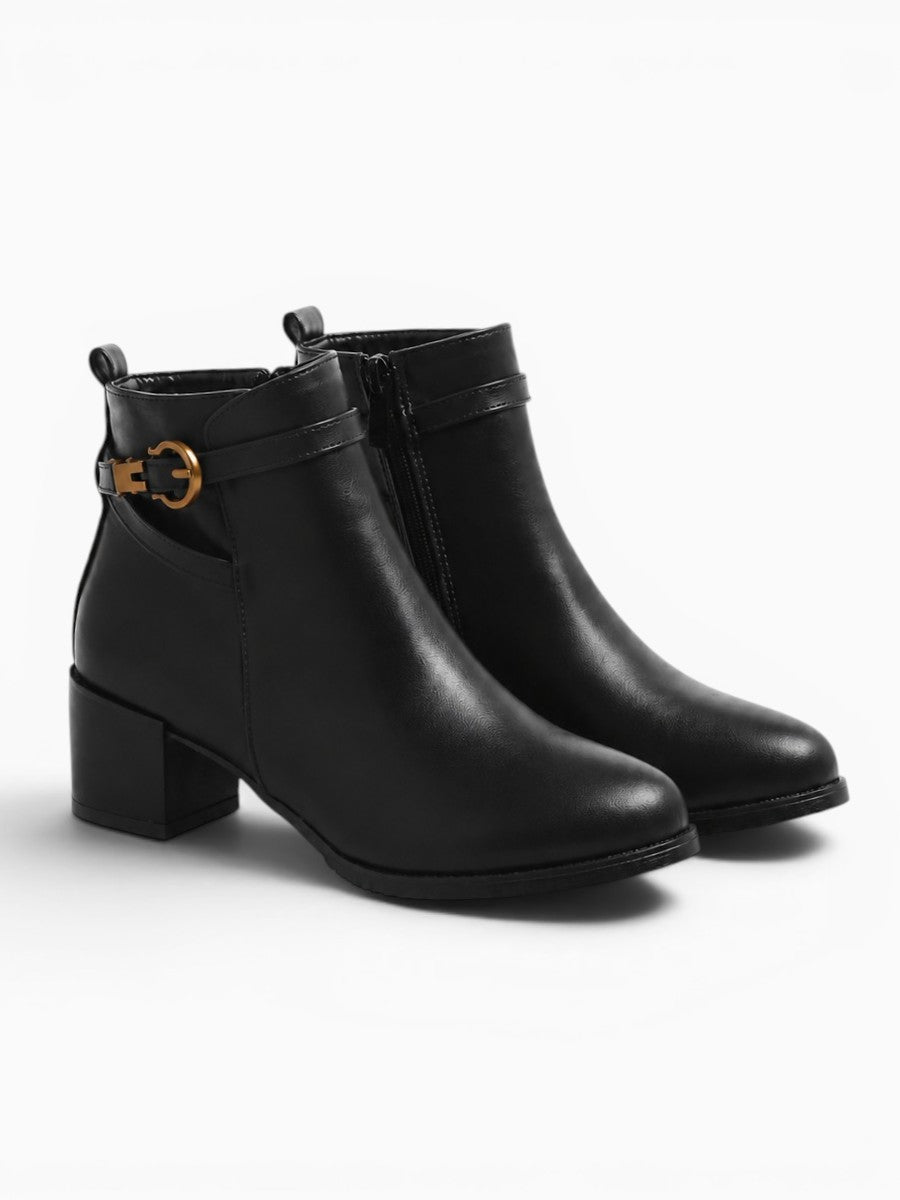 Amara Shoes Ankle Boot Belt Buckle Round Toe Thick High Heel