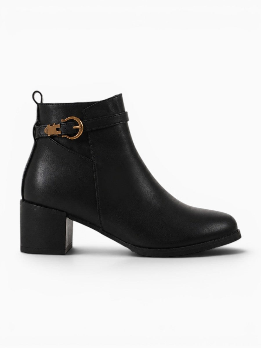 Amara Shoes Ankle Boot Belt Buckle Round Toe Thick High Heel