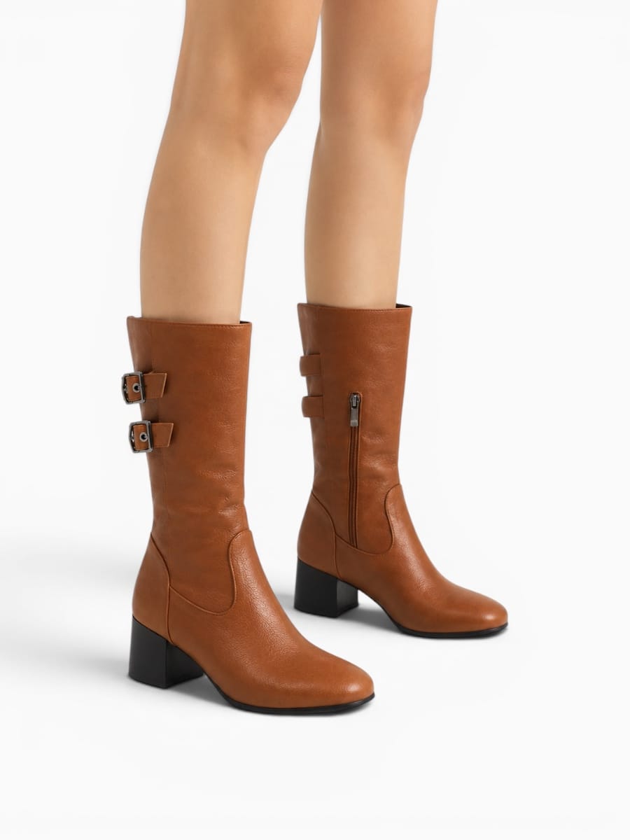 Amara Shoes Buckle Heel Mid Calf Boots