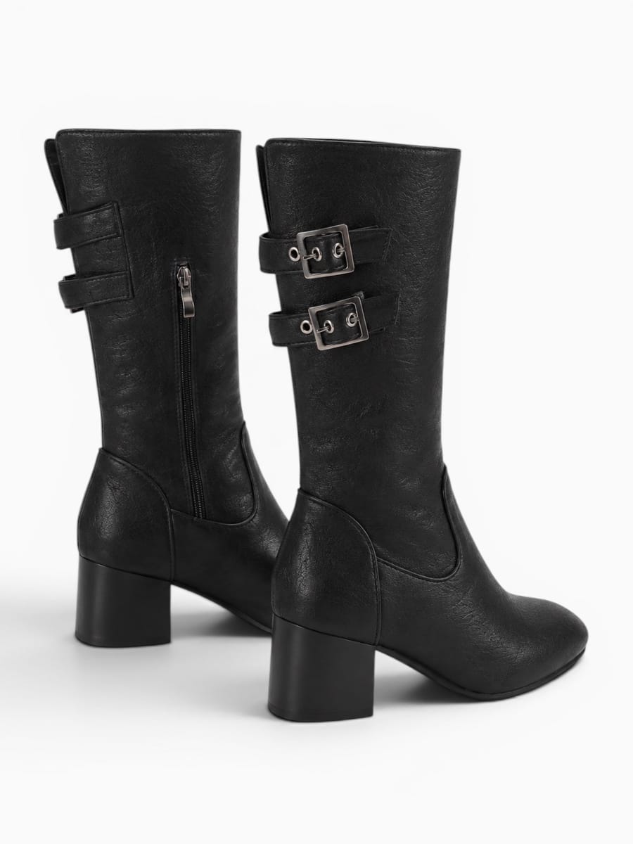 Amara Shoes Buckle Heel Mid Calf Boots
