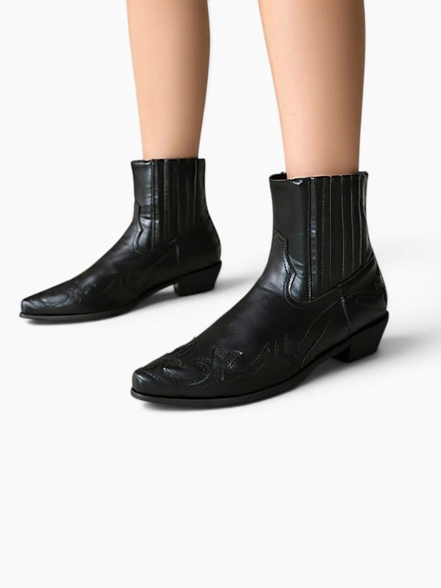 Amara Shoes Chelsea Slip On Ankle Boot Embroidered Chunky Heel
