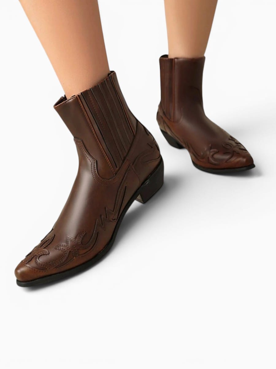 Amara Shoes Chelsea Slip On Ankle Boot Embroidered Chunky Heel