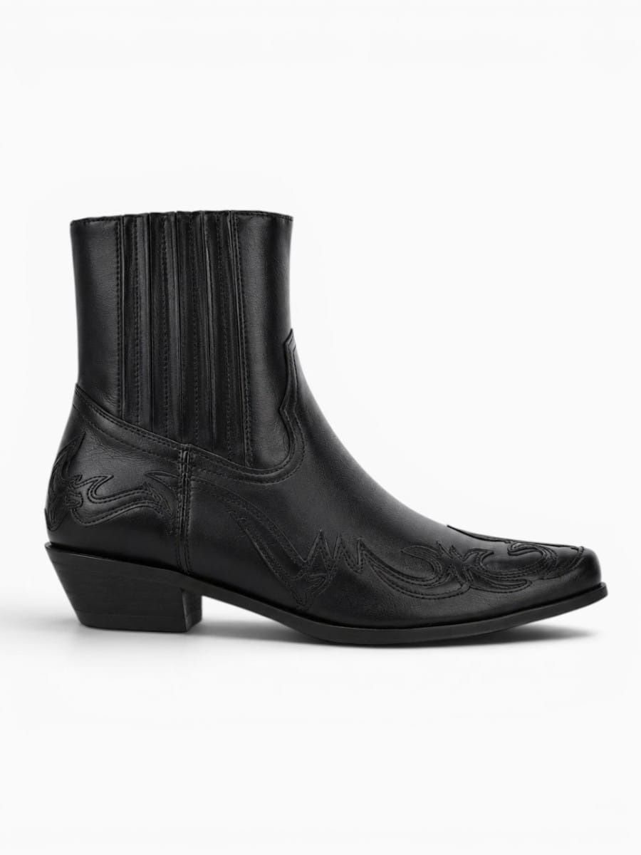 Amara Shoes Chelsea Slip On Ankle Boot Embroidered Chunky Heel
