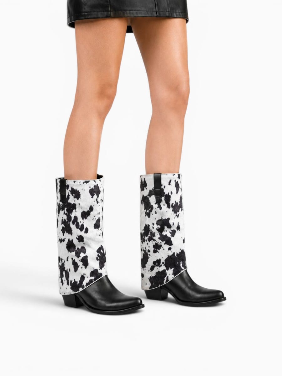 Amara Shoes Cow Print Fold Over Pointed Toe Mid Calf Boots