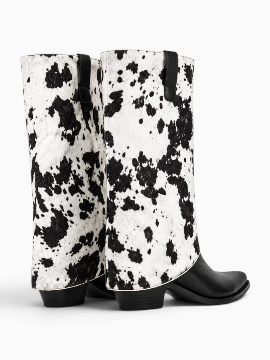 Amara Shoes Cow Print Fold Over Pointed Toe Mid Calf Boots