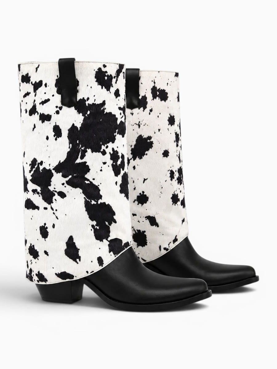 Amara Shoes Cow Print Fold Over Pointed Toe Mid Calf Boots