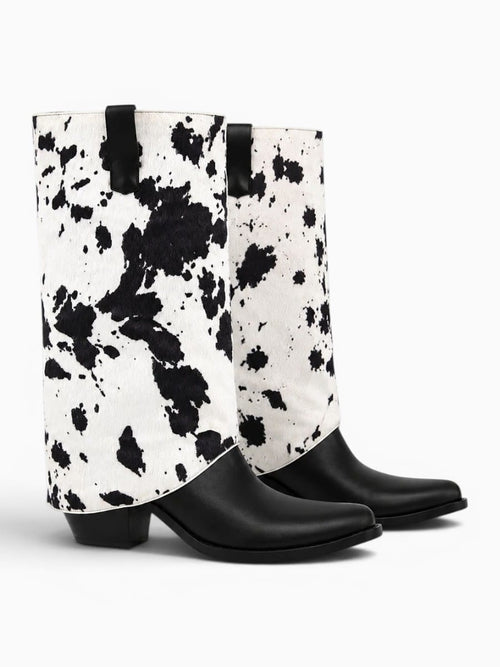 Amara Shoes Cow Print Fold Over Pointed Toe Mid Calf Boots