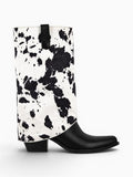Amara Shoes Cow Print Fold Over Pointed Toe Mid Calf Boots