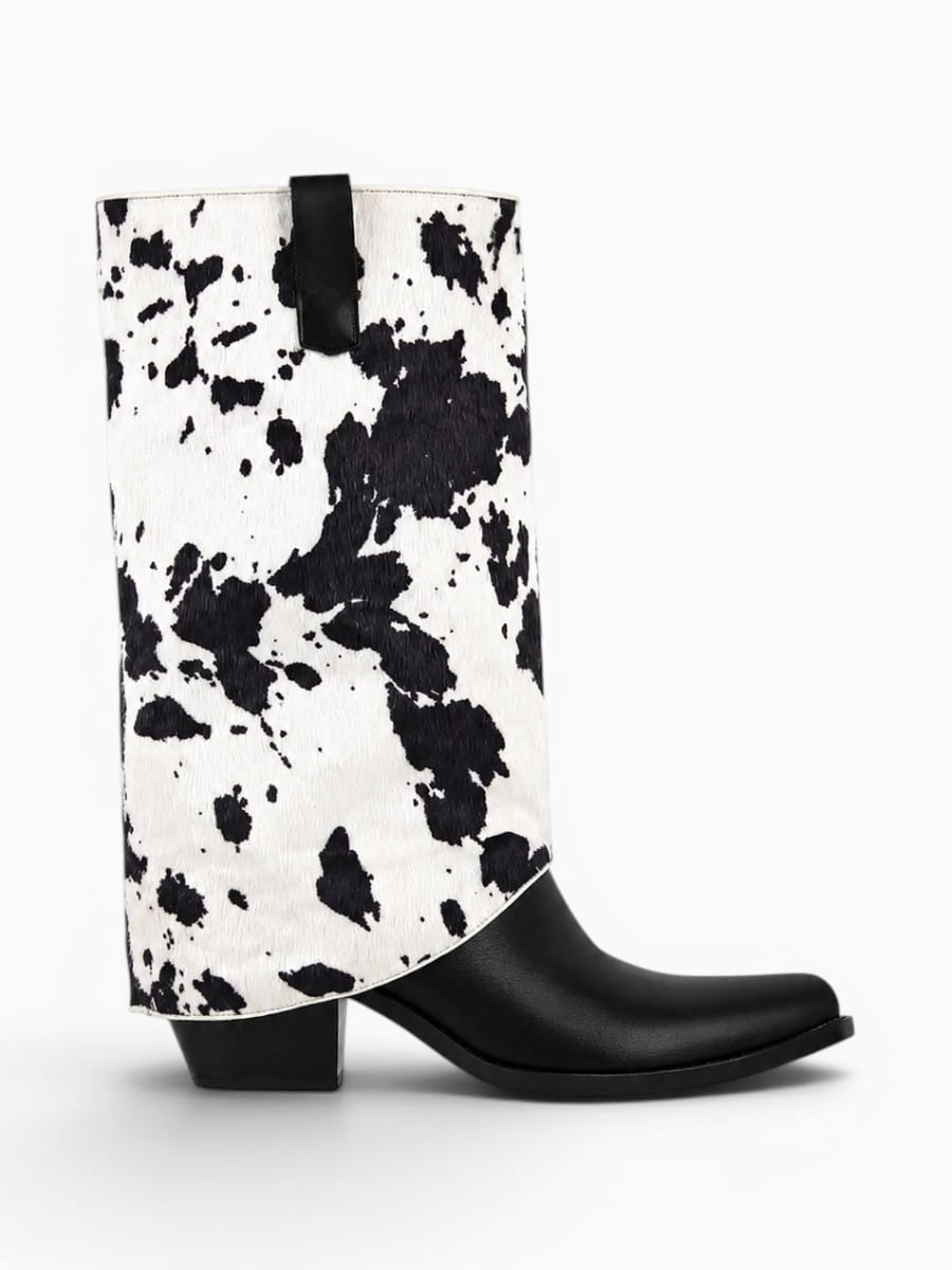 Amara Shoes Cow Print Fold Over Pointed Toe Mid Calf Boots
