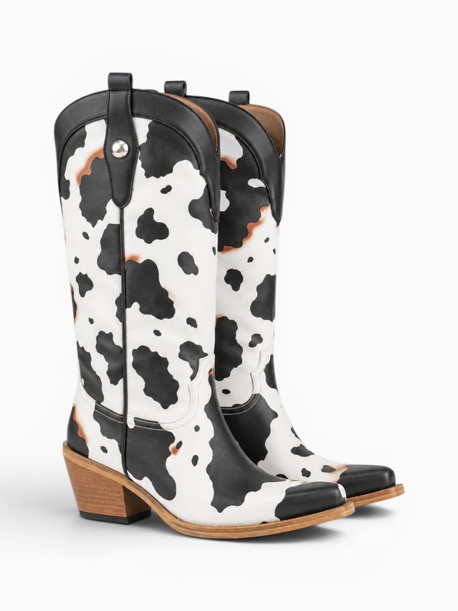 Amara Shoes Cow Print Western Mid Calf Chunky Heel Boots