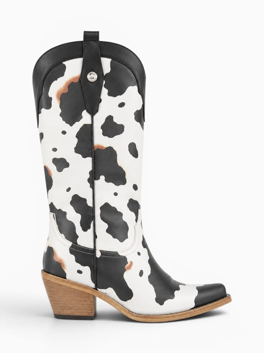 Amara Shoes Cow Print Western Mid Calf Chunky Heel Boots