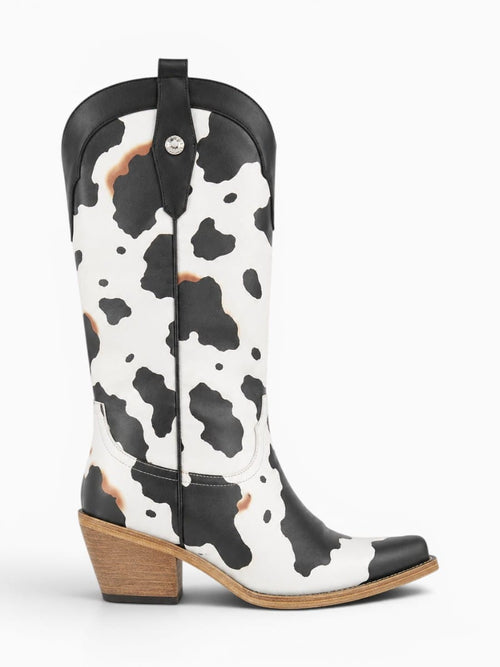 Amara Shoes Cow Print Western Mid Calf Chunky Heel Boots
