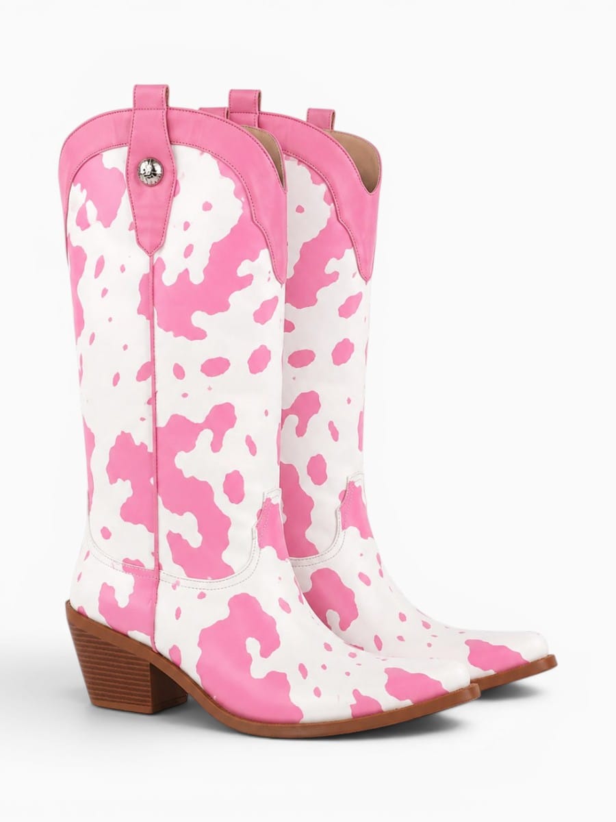 Amara Shoes Cow Print Western Mid Calf Chunky Heel Boots