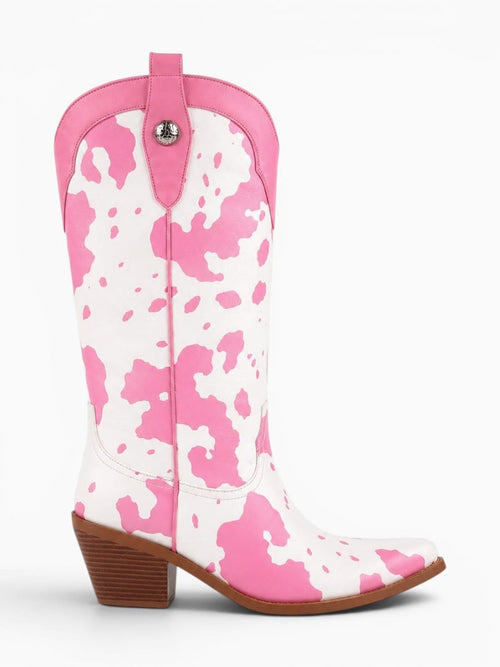 Amara Shoes Cow Print Western Mid Calf Chunky Heel Boots
