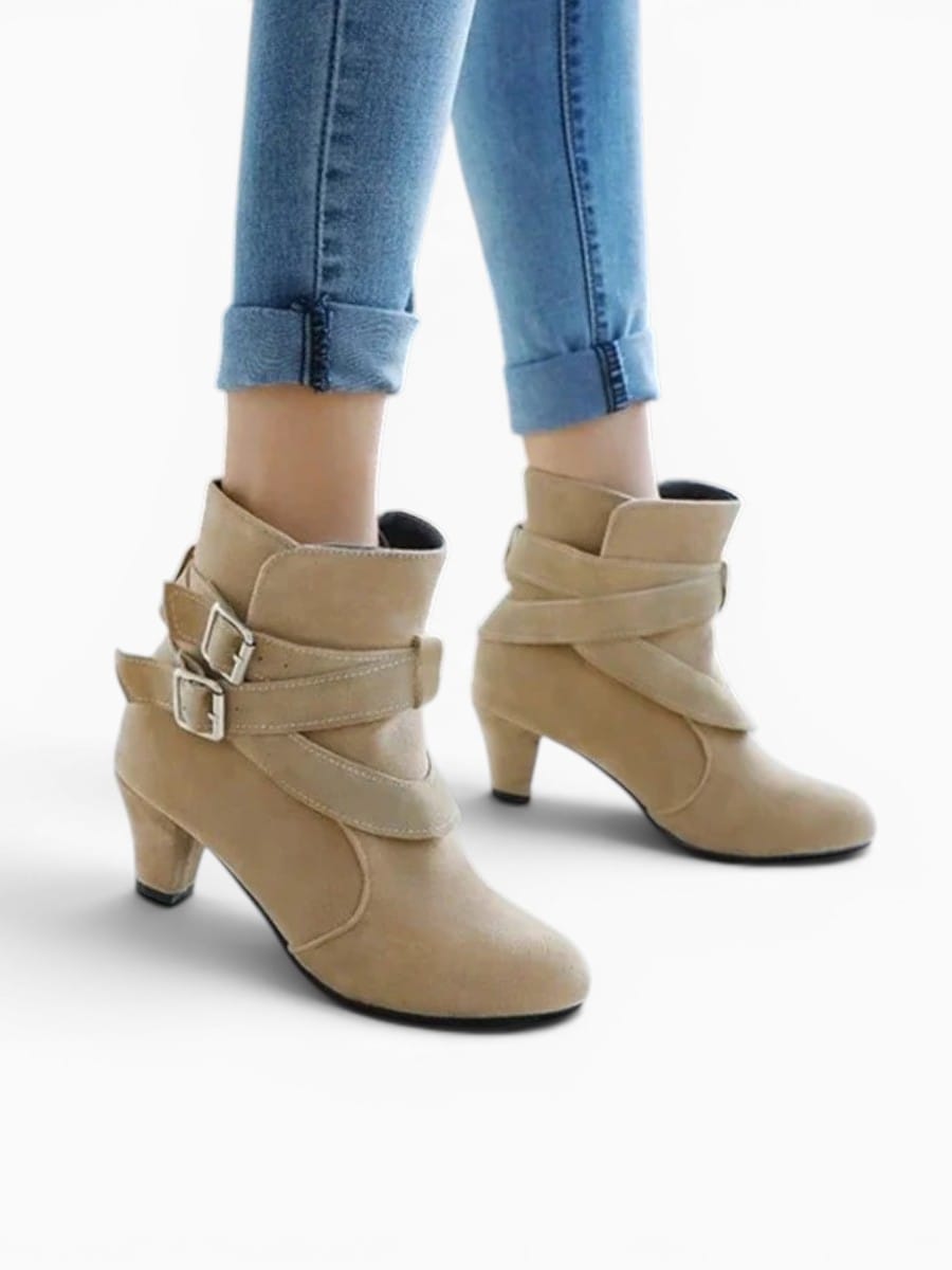 Amara Shoes Cross Strap Belt Ankle Boot Round Toe Block Heel