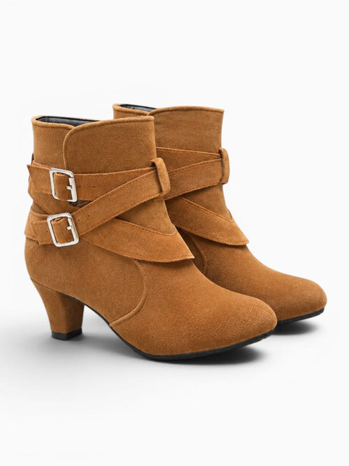 Amara Shoes Cross Strap Belt Ankle Boot Round Toe Block Heel