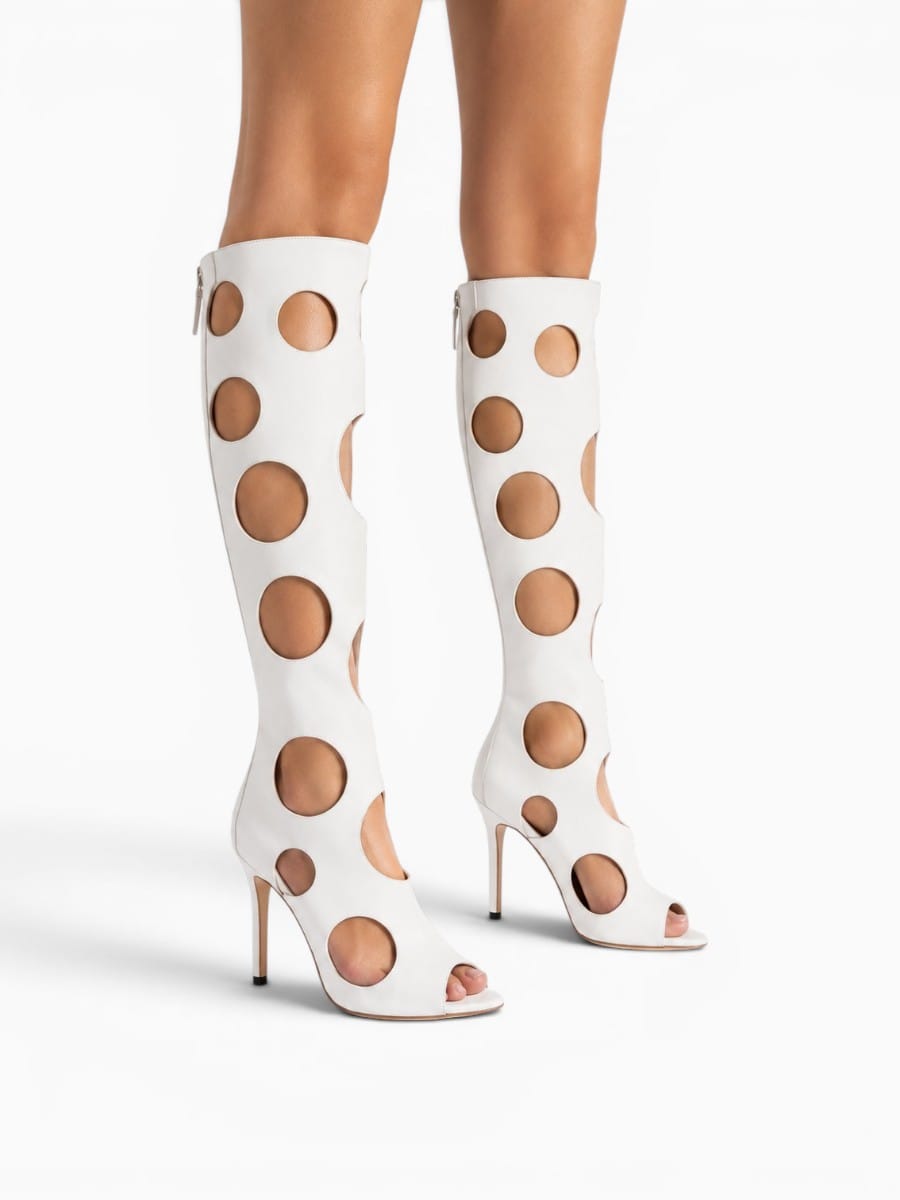 Amara Shoes Cut Out Knee High Stiletto Heel Sandal Boots
