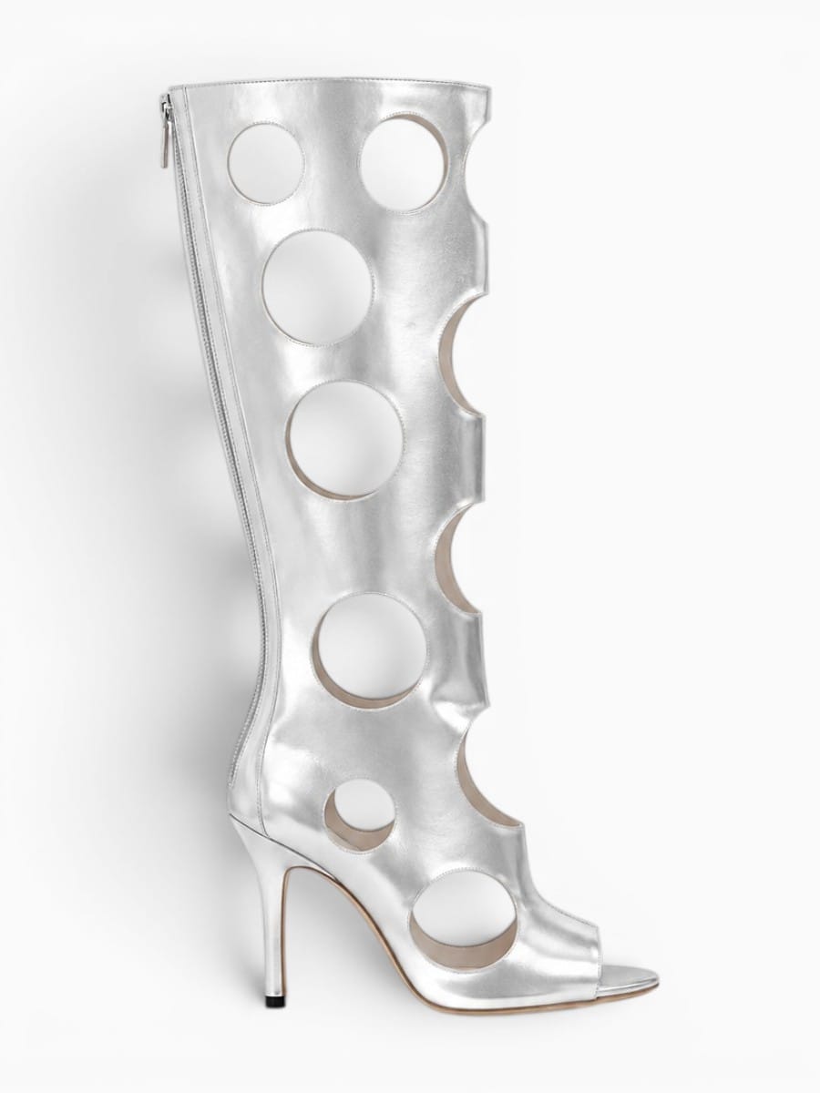 Amara Shoes Cut Out Knee High Stiletto Heel Sandal Boots