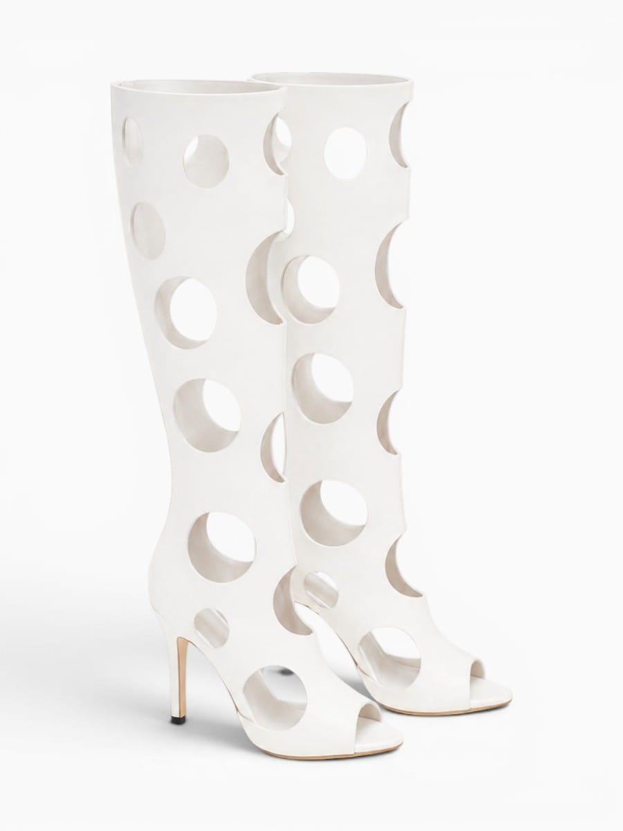 Amara Shoes Cut Out Knee High Stiletto Heel Sandal Boots