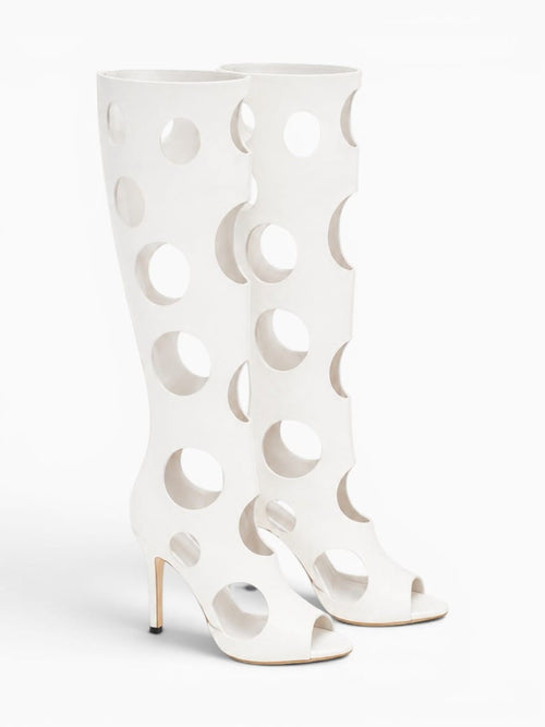 Amara Shoes Cut Out Knee High Stiletto Heel Sandal Boots