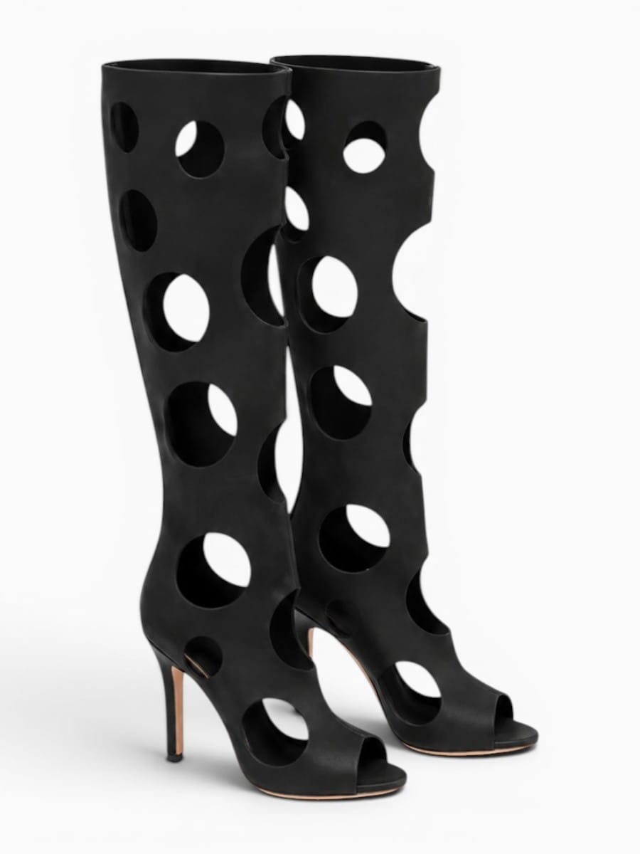 Amara Shoes Cut Out Knee High Stiletto Heel Sandal Boots