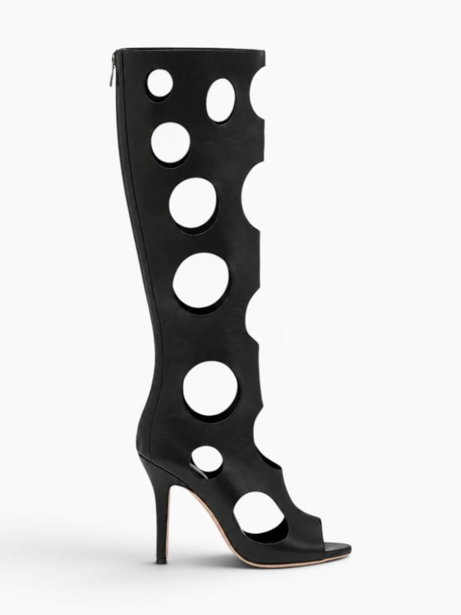 Amara Shoes Cut Out Knee High Stiletto Heel Sandal Boots