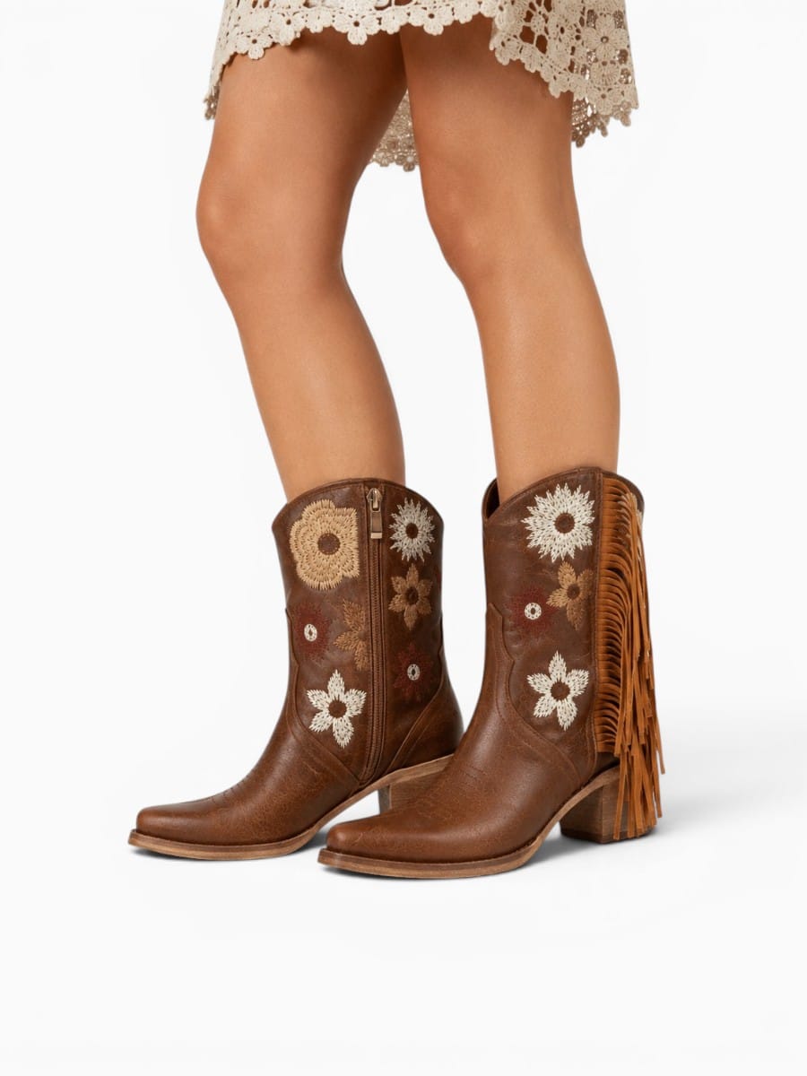 Amara Shoes Embroidered Fringe Western Ankle Boots