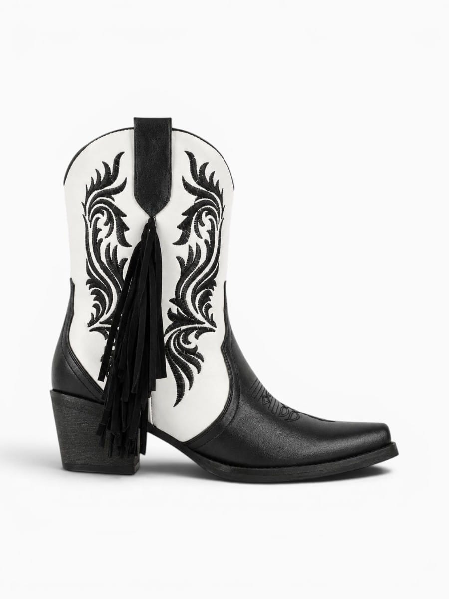 Amara Shoes Embroidered Fringe Western Ankle Boots