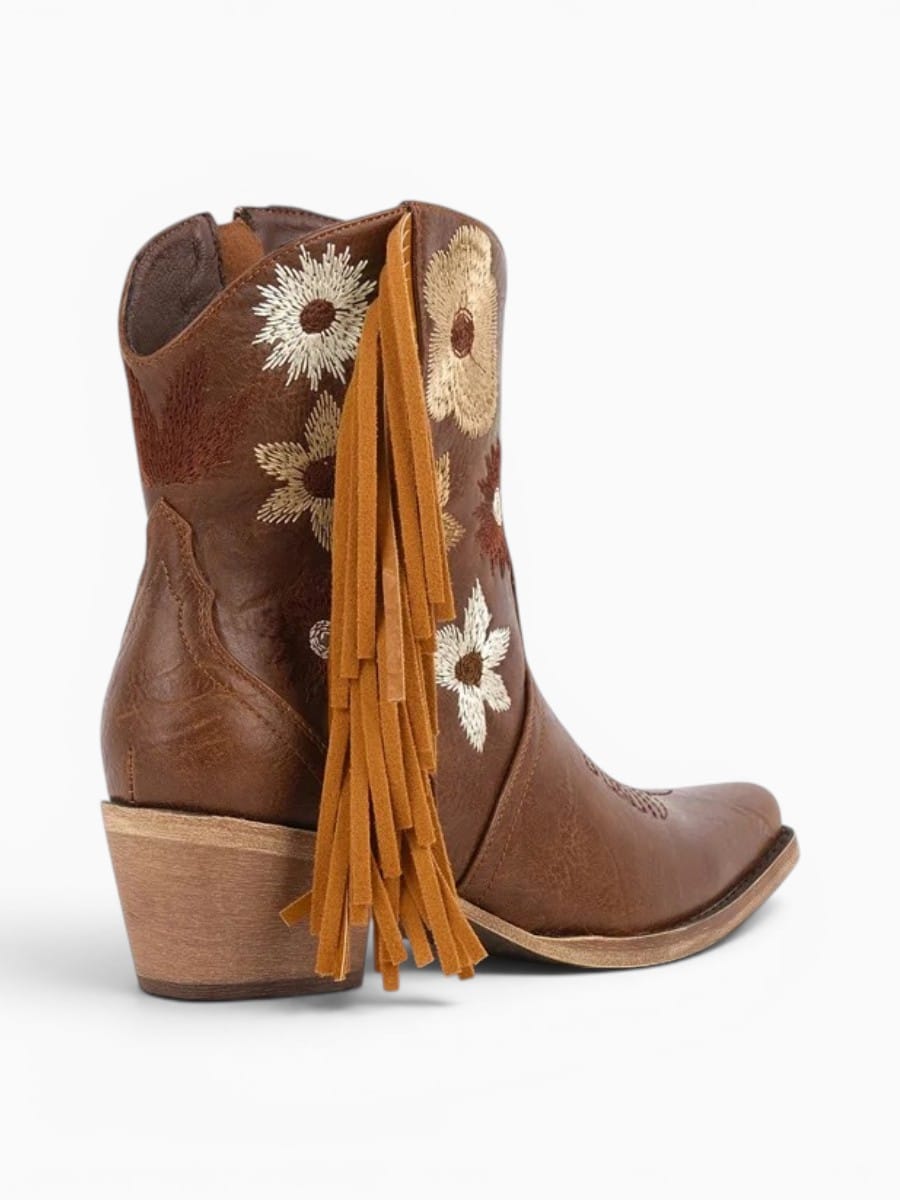 Amara Shoes Embroidered Fringe Western Ankle Boots