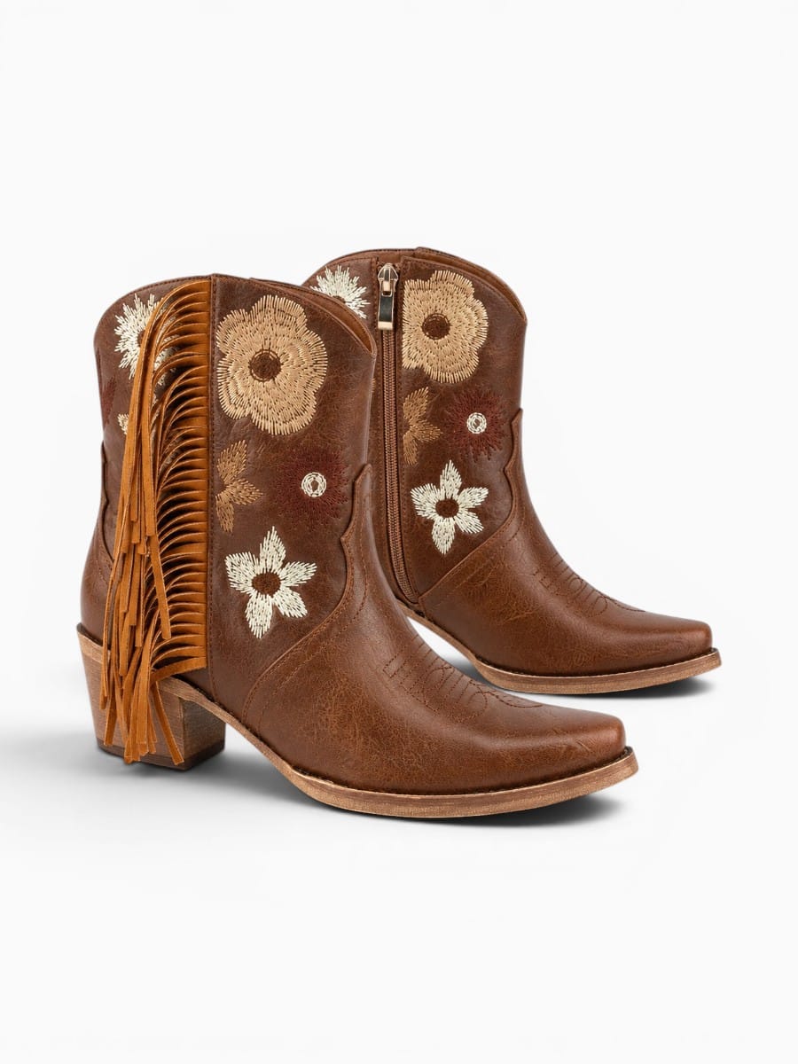 Amara Shoes Embroidered Fringe Western Ankle Boots