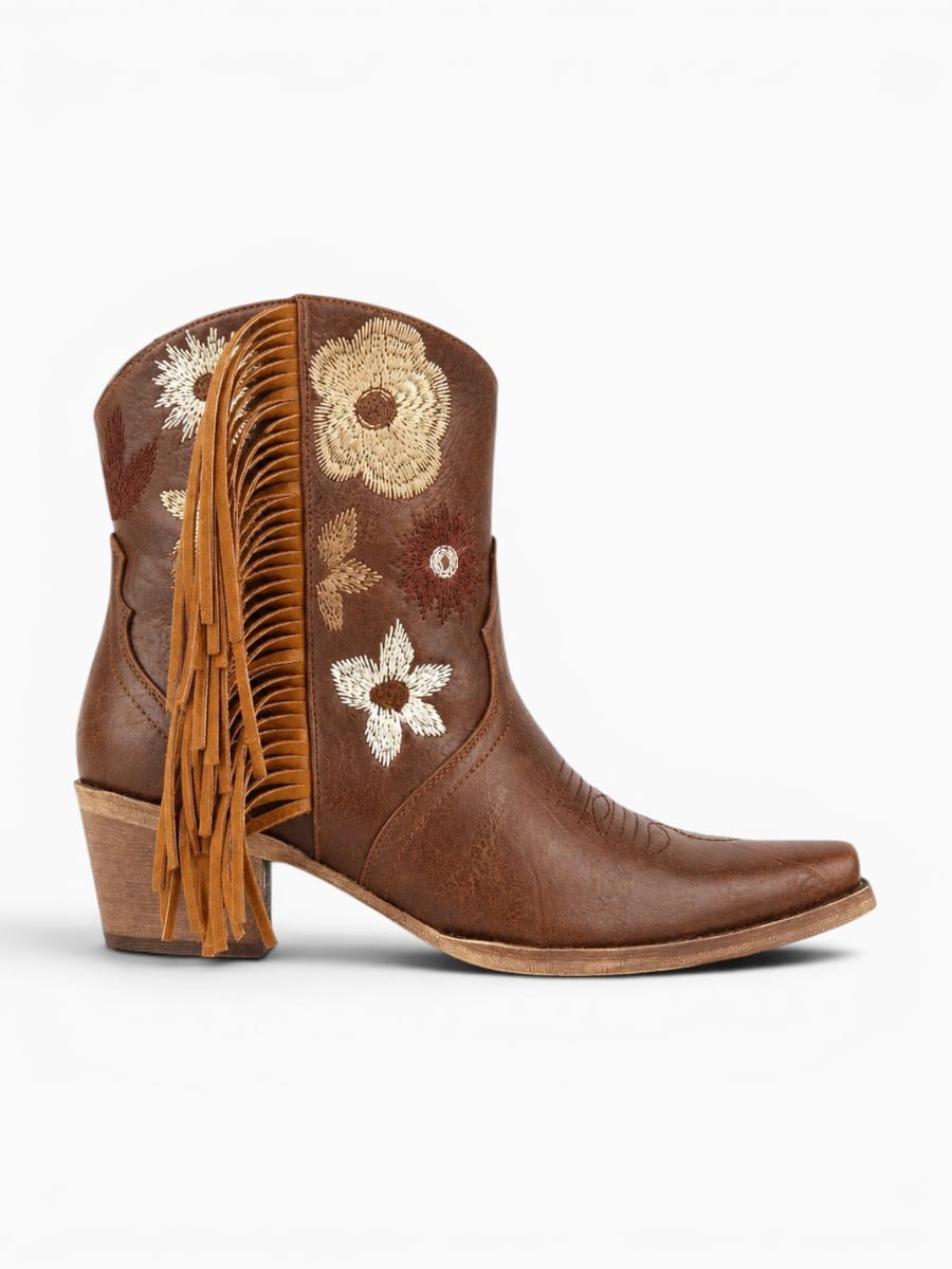 Amara Shoes Embroidered Fringe Western Ankle Boots