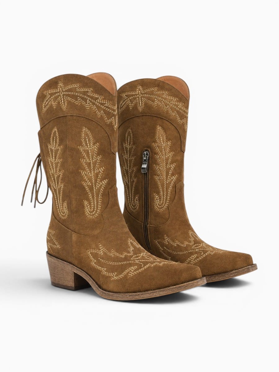 Amara Shoes Embroidered Pointed Toe Mid Calf Western Cowboy Boots