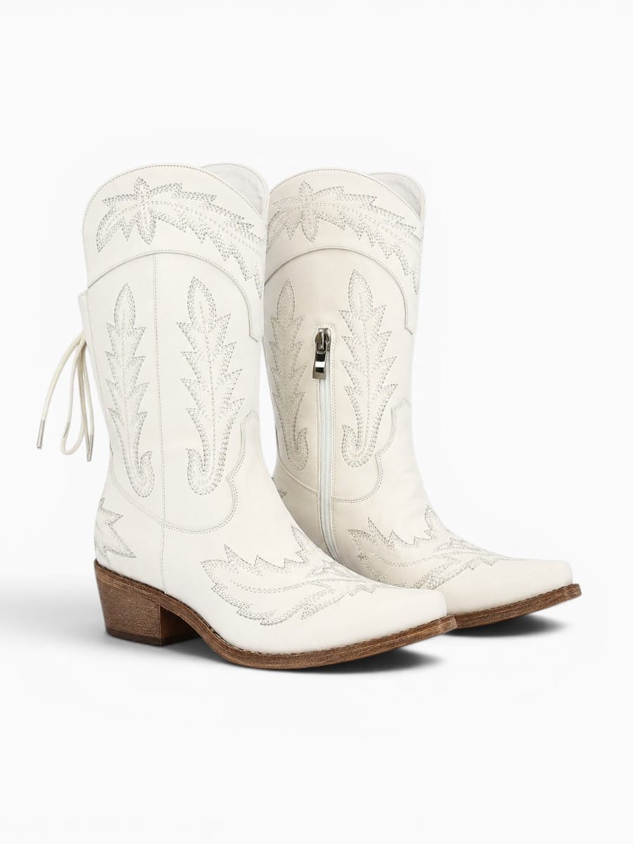 Amara Shoes Embroidered Pointed Toe Mid Calf Western Cowboy Boots