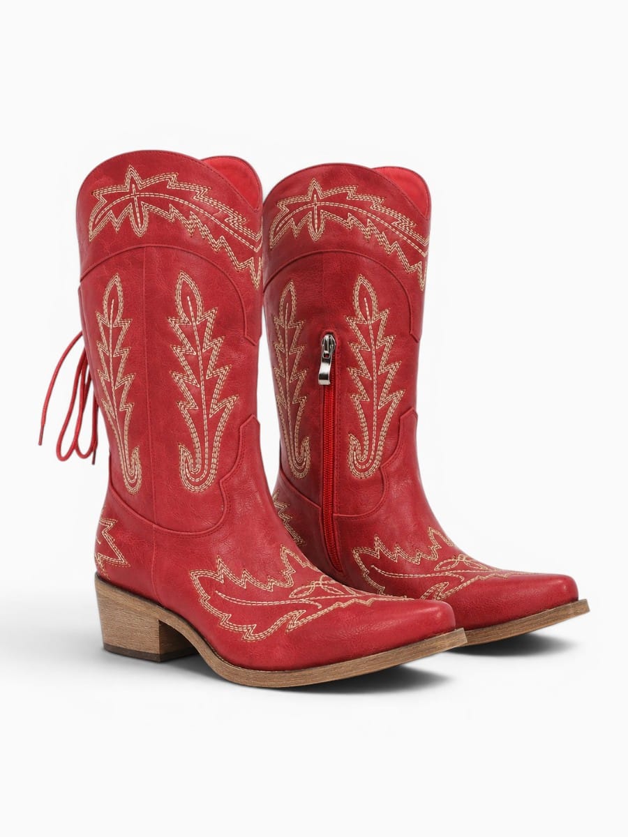 Amara Shoes Embroidered Pointed Toe Mid Calf Western Cowboy Boots