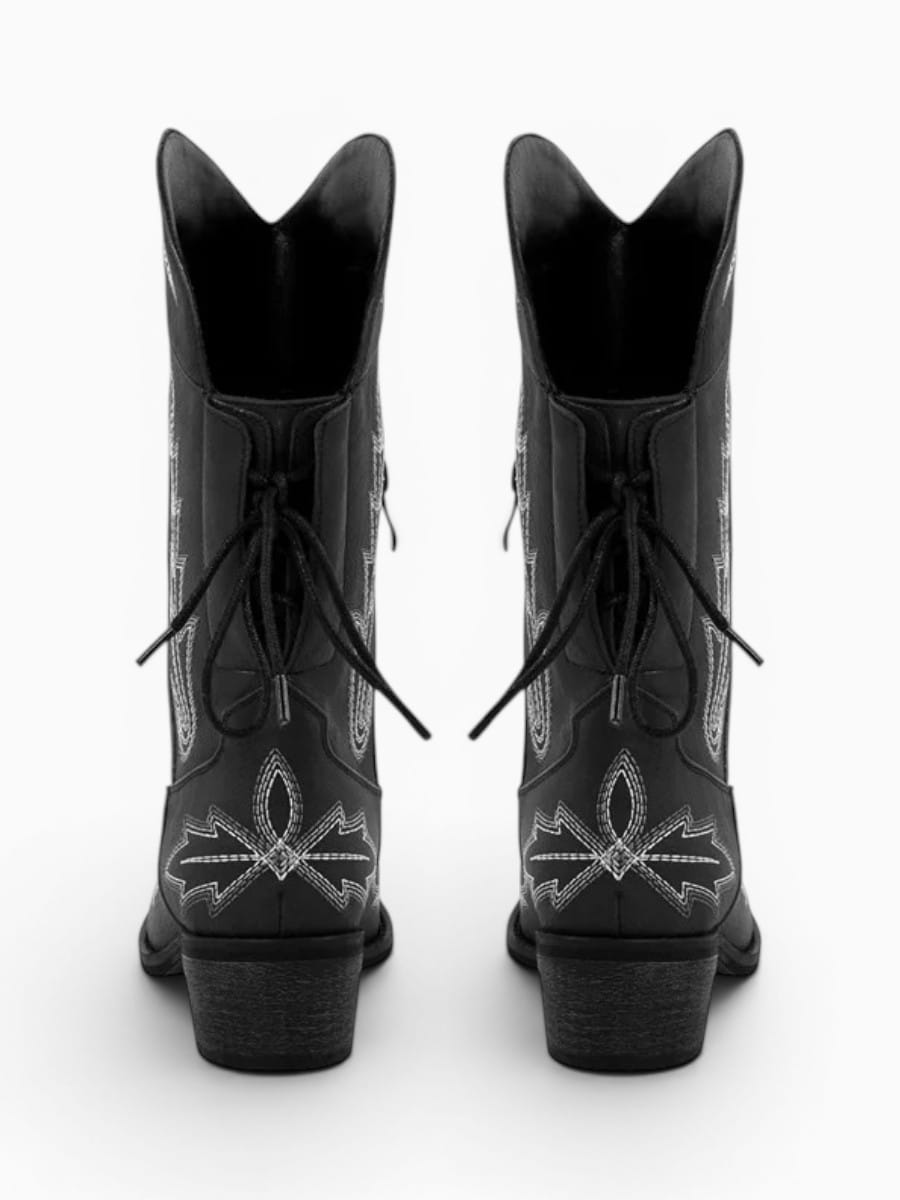 Amara Shoes Embroidered Pointed Toe Mid Calf Western Cowboy Boots
