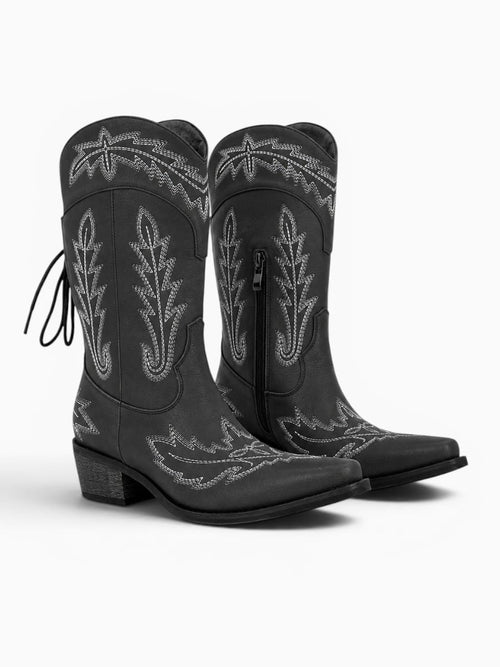 Amara Shoes Embroidered Pointed Toe Mid Calf Western Cowboy Boots