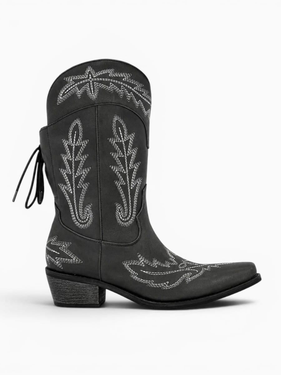 Amara Shoes Embroidered Pointed Toe Mid Calf Western Cowboy Boots