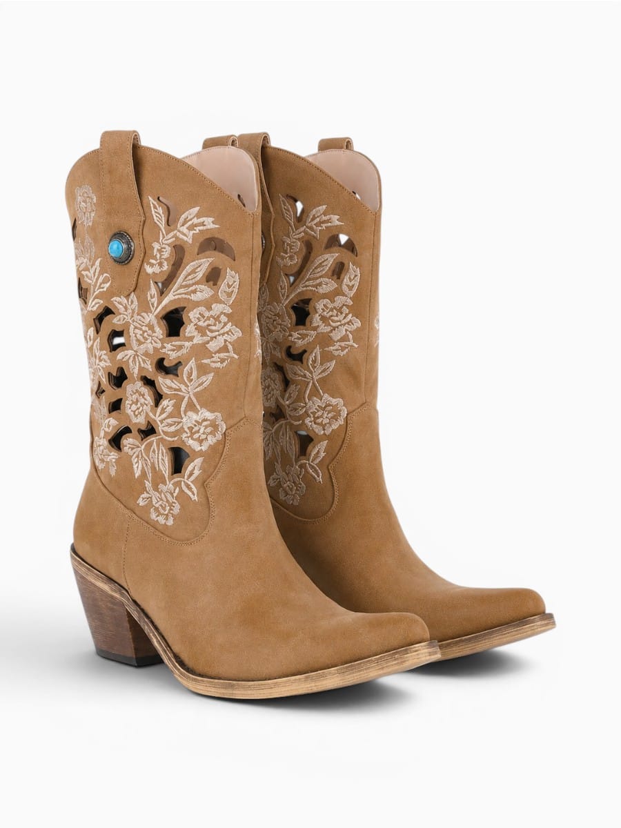Amara Shoes Embroidered Western Mid Calf Boots