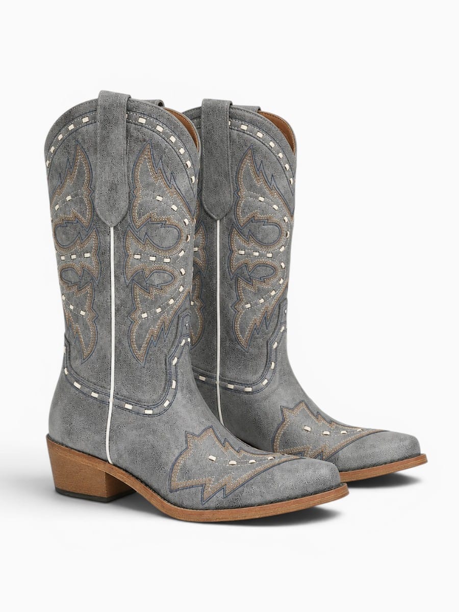 Amara Shoes Embroidered Western Pull On Mid Calf Cowboy Boots
