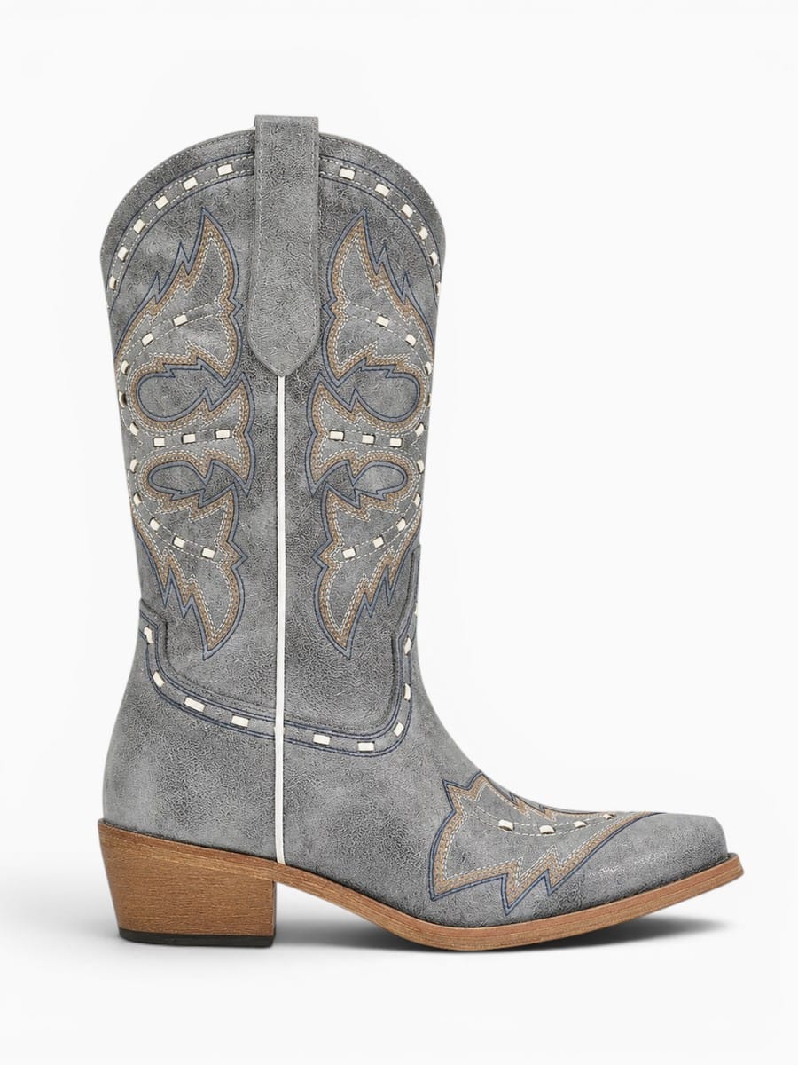 Amara Shoes Embroidered Western Pull On Mid Calf Cowboy Boots