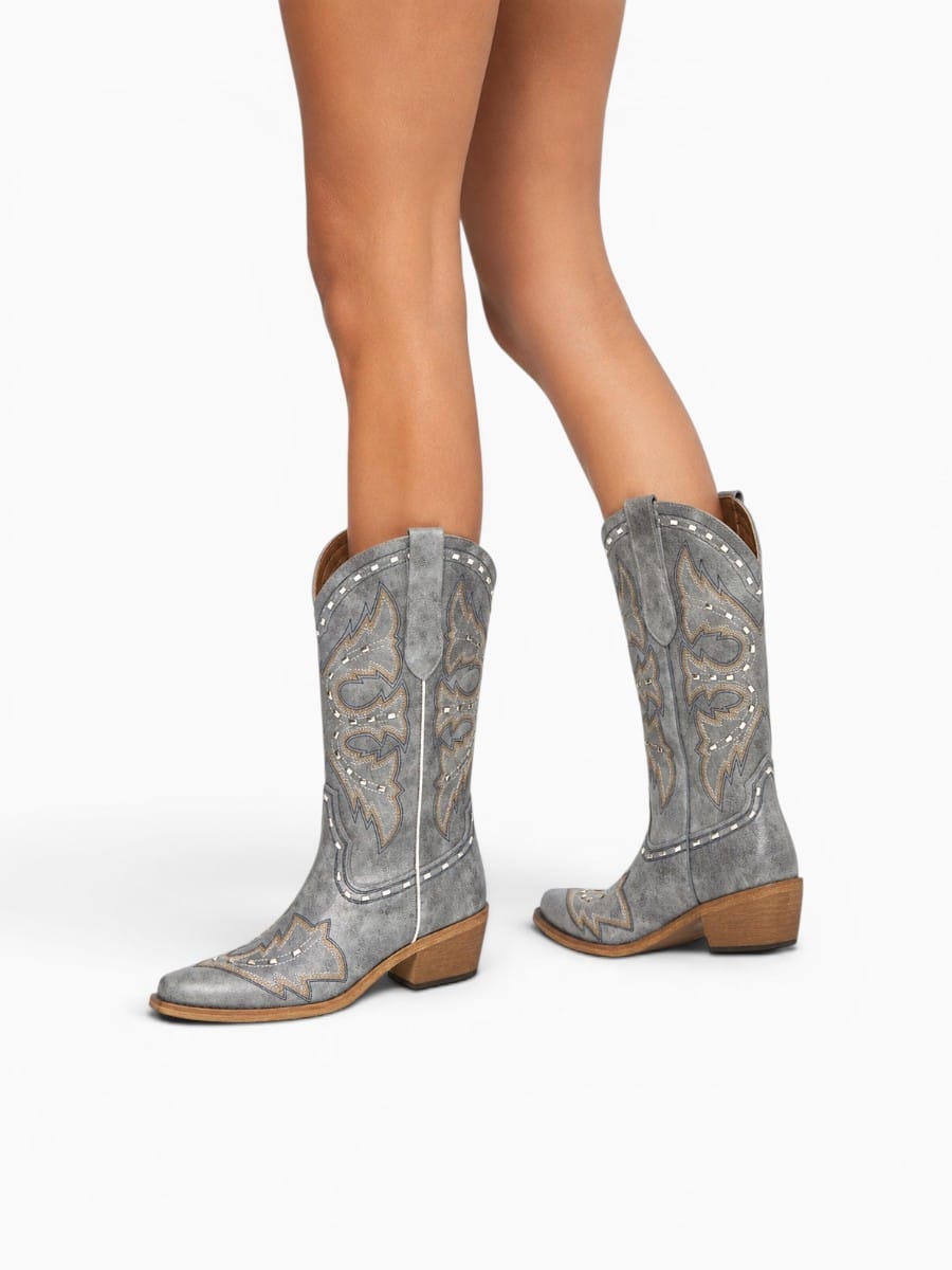 Amara Shoes Embroidered Western Pull On Mid Calf Cowboy Boots