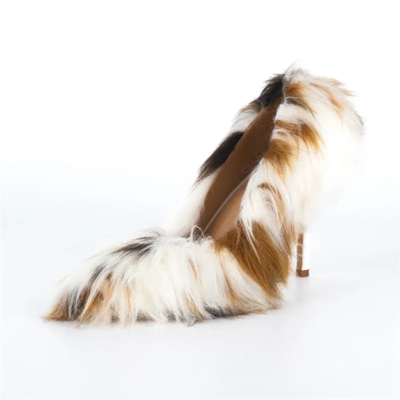 Amara Shoes Faux Fur Pointed Toe Stiletto Pumps Women