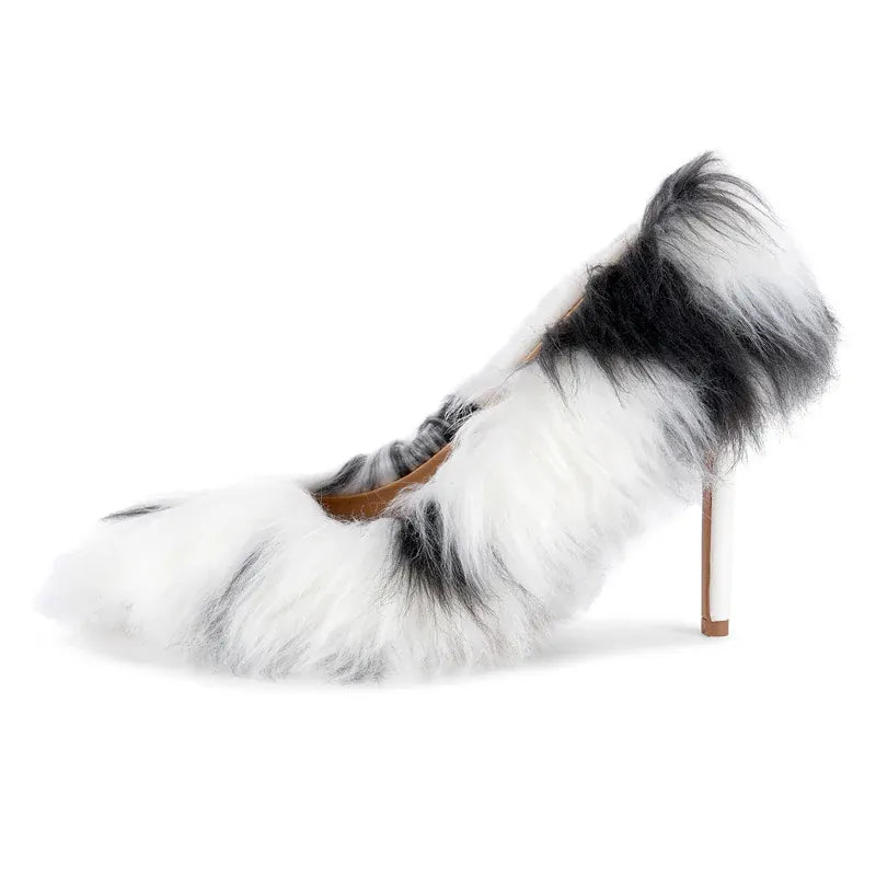 Amara Shoes Faux Fur Pointed Toe Stiletto Pumps Women
