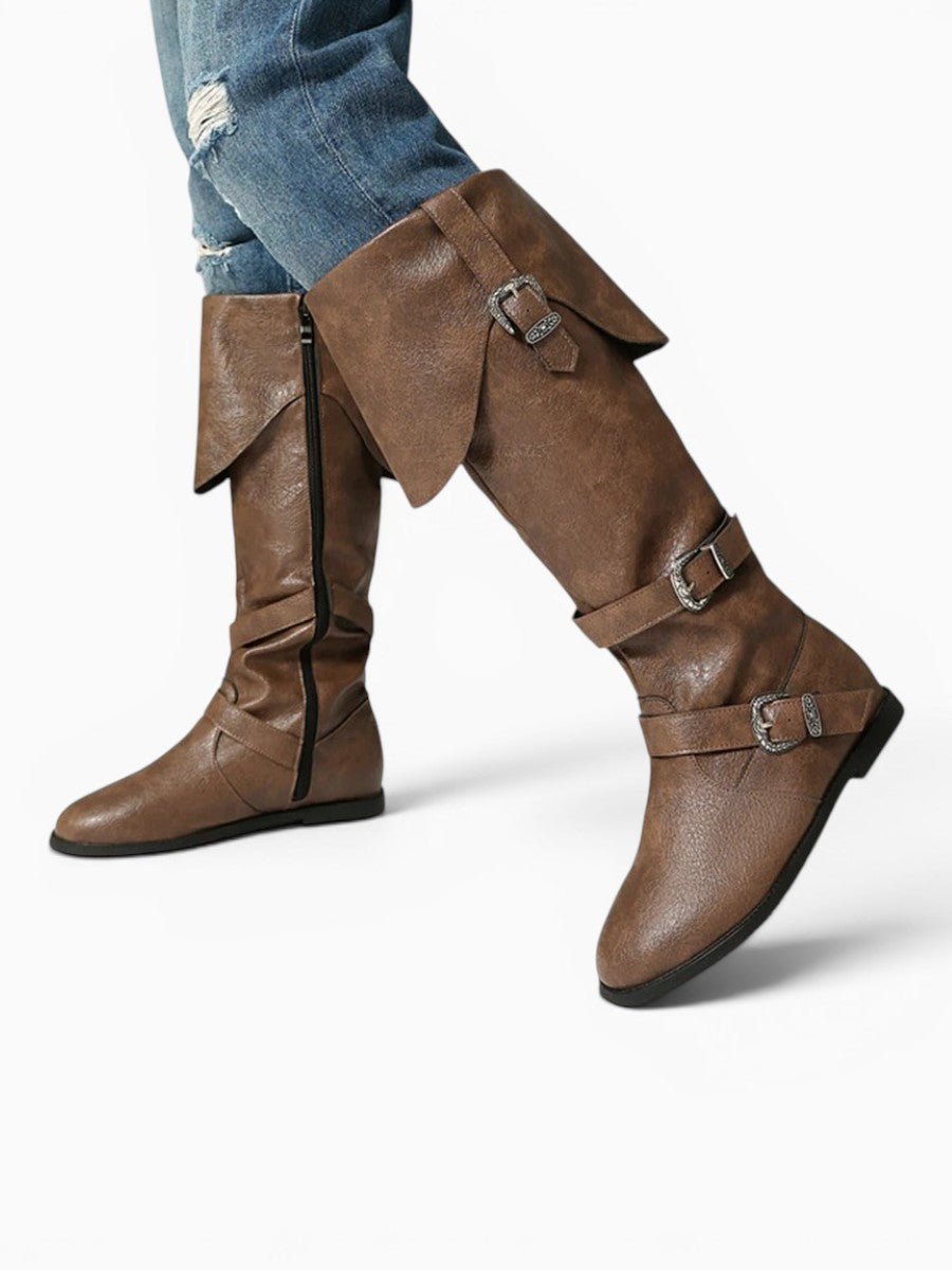 Amara Shoes Flat Buckle Knee High Riding Boots