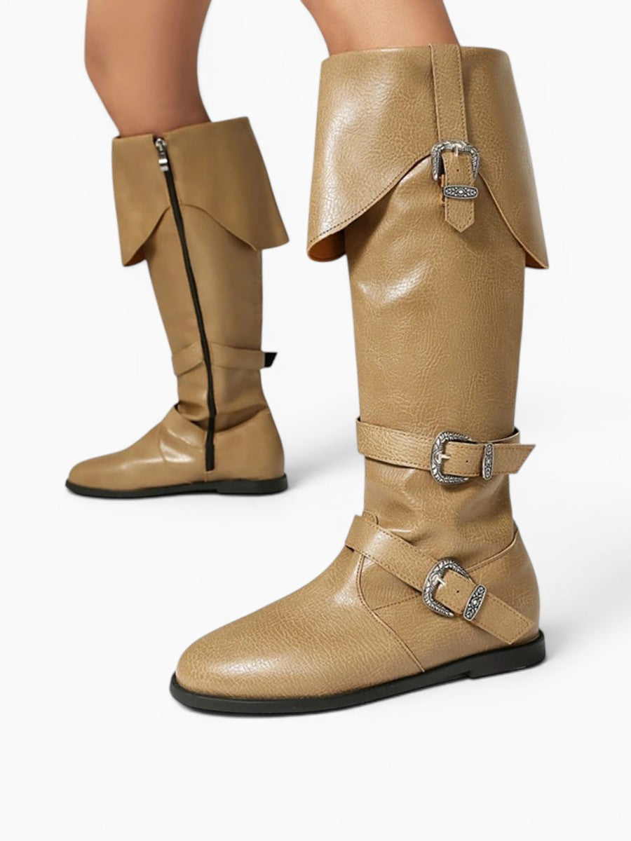 Amara Shoes Flat Buckle Knee High Riding Boots