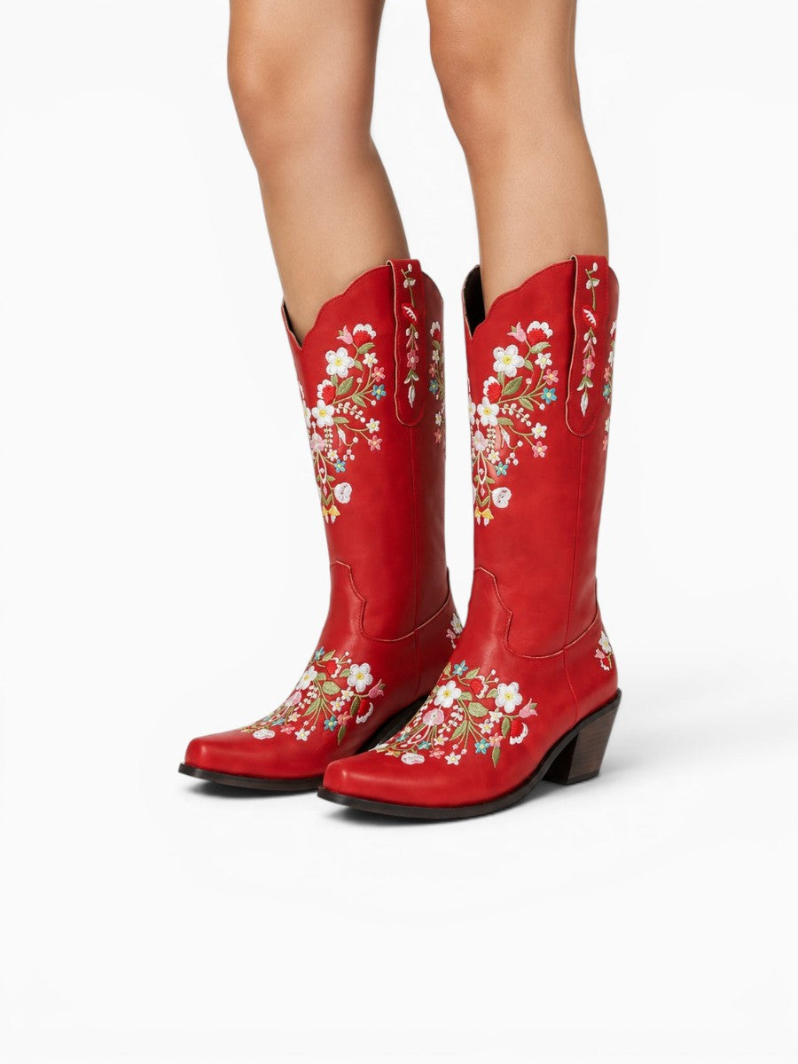 Amara Shoes Floral Embroidered Knee High Cowboy Boots